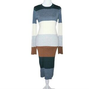 KTK Colorblock Bodycon Sweater Dress Green/Gray/Copper/Cream Stripes Women's L